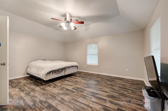2732 SE 90th St, Moore, OK 73160 - bedroom with dark wood-style flooring, ceiling fan, and vaulted ceiling