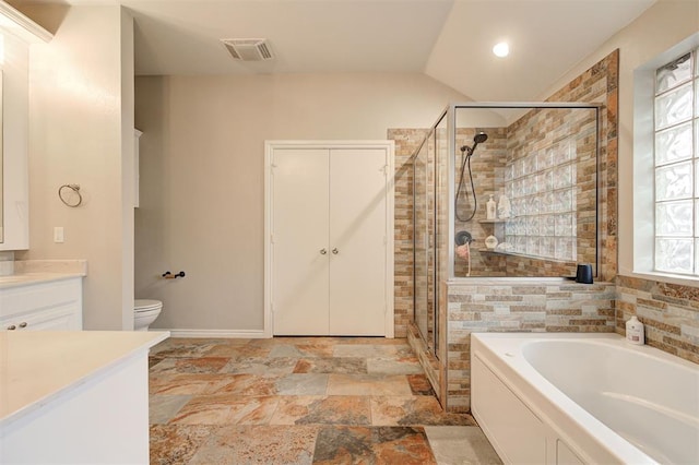 2732 SE 90th St, Moore, OK 73160 - full bath with vanity, a shower stall, a bath, and lofted ceiling