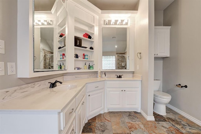 2732 SE 90th St, Moore, OK 73160 - bathroom featuring double vanity, tiled shower, and stone finish flooring