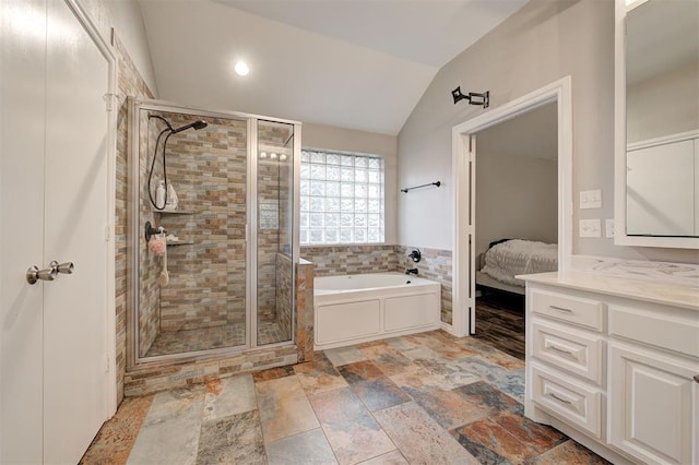 2732 SE 90th St, Moore, OK 73160 - ensuite bathroom with a bath, a shower stall, lofted ceiling, vanity, and recessed lighting