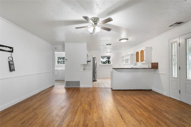 39525 W 151st St, Bristow, OK 74010 - unfurnished living room with plenty of natural light, light wood-style floors, a ceiling fan, ornamental molding, and a textured ceiling