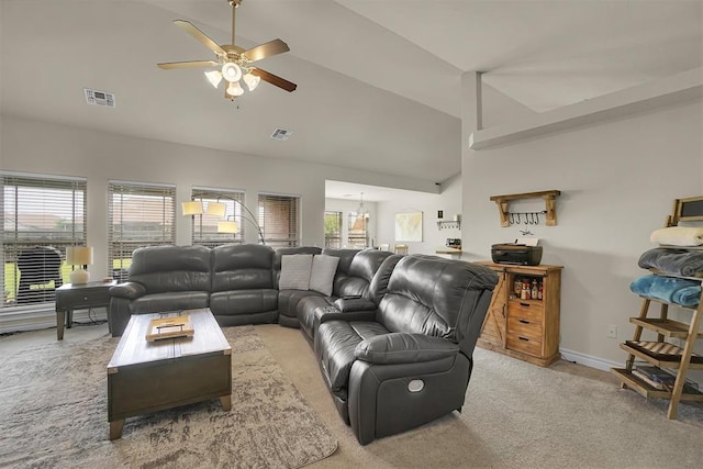 1809 Foxtail Cir, Altus, OK 73521 - living room with a ceiling fan, vaulted ceiling, and light colored carpet