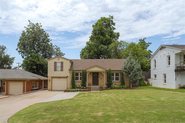 434 NW 48th St, Oklahoma City, OK 73118 - split level home with brick siding, concrete driveway, an attached garage, and a front yard