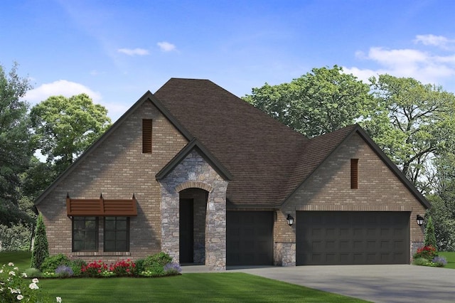 3328 Slate River Dr, Yukon, OK 73099 - view of front of house featuring a garage, brick siding, driveway, and stone siding