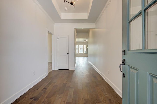 3328 Slate River Dr, Yukon, OK 73099 - foyer entrance featuring a tray ceiling, dark wood-type flooring, ornamental molding, and a ceiling fan