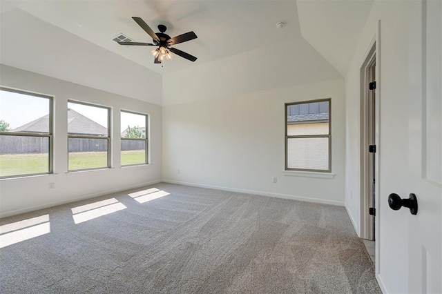 3328 Slate River Dr, Yukon, OK 73099 - unfurnished room featuring light colored carpet, vaulted ceiling, and ceiling fan