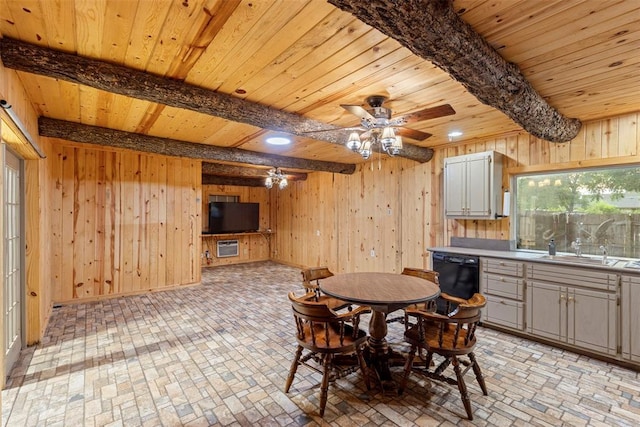 2 Terra Ln, Shawnee, OK 74804 - dining area with brick patterned floors, a wood ceiling with exposed beams, wood walls, a ceiling fan, and a wall mounted AC