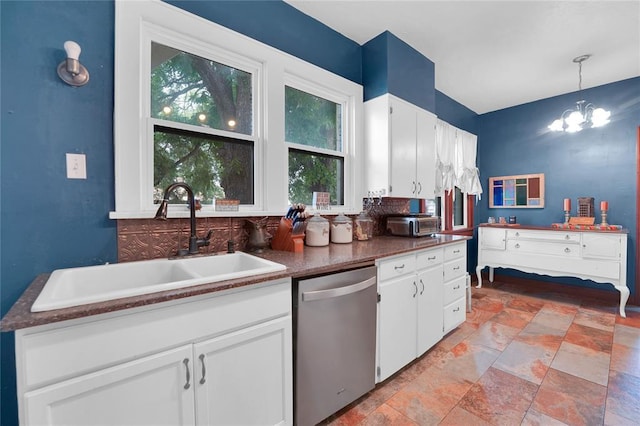 201 S Park Rd, Hobart, OK 73651 - kitchen with dishwasher, white cabinets, dark countertops, and light stone finish flooring