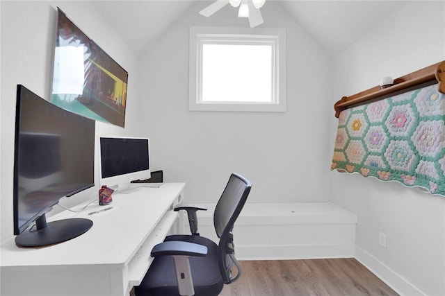 201 S Park Rd, Hobart, OK 73651 - home office featuring wood finished floors, ceiling fan, and lofted ceiling