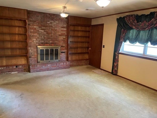 2 Sequoyah Blvd, Shawnee, OK 74801 - unfurnished living room with carpet, built in shelves, and a fireplace