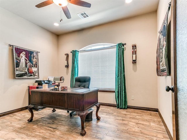 13512 SE 95th St, Oklahoma City, OK 73165 - home office with light wood-style floors, ceiling fan, and recessed lighting