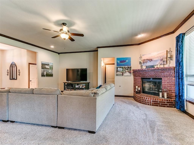 13512 SE 95th St, Oklahoma City, OK 73165 - carpeted living room with ceiling fan, ornamental molding, healthy amount of natural light, a brick fireplace, and recessed lighting