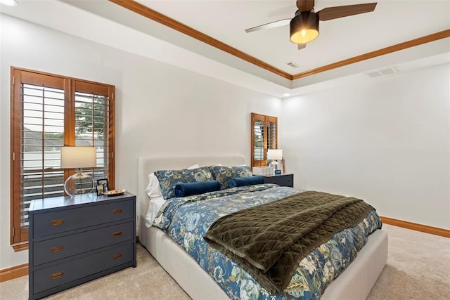 1900 Cobblestone Dr, Shawnee, OK 74804 - bedroom featuring light colored carpet, a raised ceiling, ornamental molding, ceiling fan, and recessed lighting