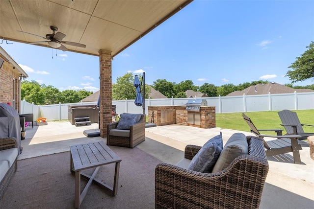 1900 Cobblestone Dr, Shawnee, OK 74804 - fenced backyard with a hot tub, area for grilling, a patio area, and ceiling fan