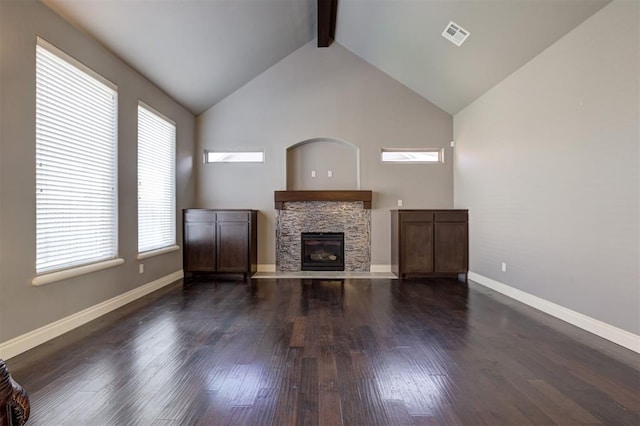 2329 Chase Way, Yukon, OK 73099 - unfurnished living room featuring beamed ceiling, healthy amount of natural light, dark wood-style flooring, high vaulted ceiling, and a fireplace