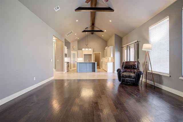 2329 Chase Way, Yukon, OK 73099 - living area with a chandelier, light wood-type flooring, beamed ceiling, high vaulted ceiling, and recessed lighting