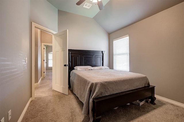 2329 Chase Way, Yukon, OK 73099 - bedroom featuring light colored carpet, vaulted ceiling, and ceiling fan