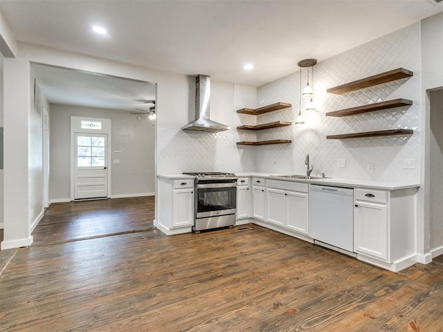 529 S 2nd Ave, Purcell, OK 73080 - kitchen featuring dishwasher, open shelves, wall chimney exhaust hood, stainless steel stove, and light countertops