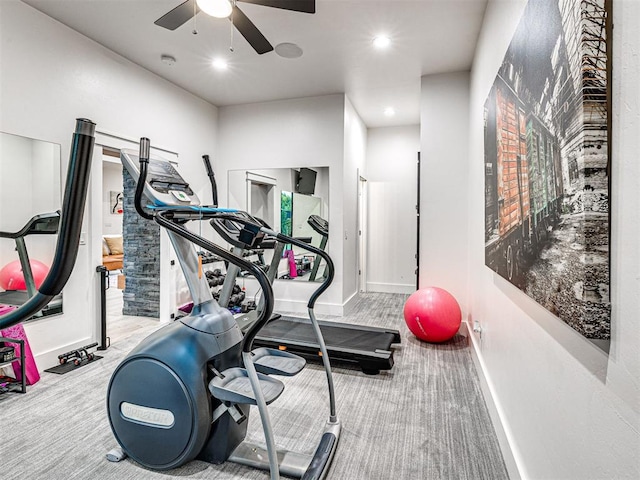 2824 Guilford Ln, Oklahoma City, OK 73120 - workout room featuring a ceiling fan, carpet flooring, and recessed lighting