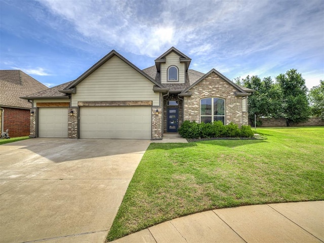 11104 Fairways Ave, Yukon, OK 73099 - traditional-style house featuring a garage, concrete driveway, a front lawn, brick siding, and roof with shingles