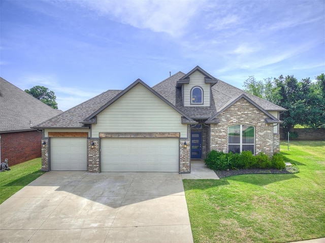 11104 Fairways Ave, Yukon, OK 73099 - view of front of property featuring brick siding, an attached garage, driveway, a front yard, and a shingled roof