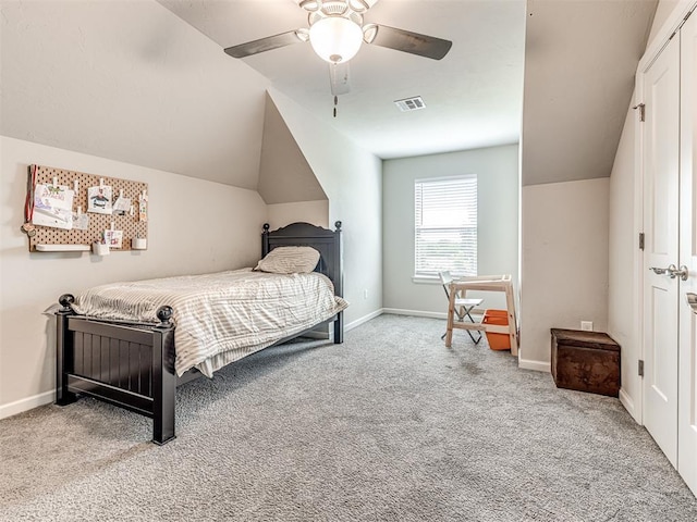 11104 Fairways Ave, Yukon, OK 73099 - bedroom with carpet floors, vaulted ceiling, and a ceiling fan