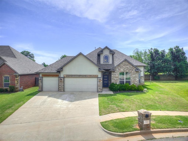 11104 Fairways Ave, Yukon, OK 73099 - view of front of house with a front yard, an attached garage, brick siding, and driveway