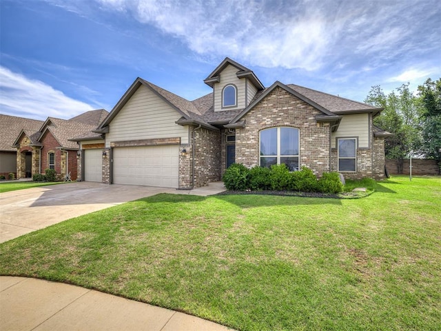 11104 Fairways Ave, Yukon, OK 73099 - view of front of house with a garage, driveway, a front lawn, brick siding, and roof with shingles