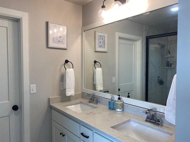 5557 Coker Rd, Shawnee, OK 74804 - bathroom featuring double vanity and a stall shower