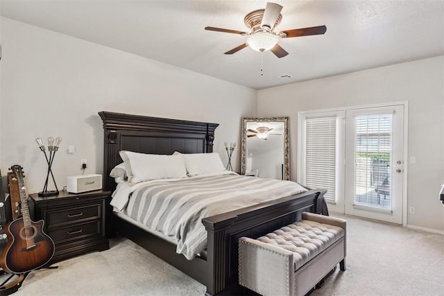 1800 NW 161st Pl, Edmond, OK 73013 - bedroom featuring access to outside, light colored carpet, and ceiling fan