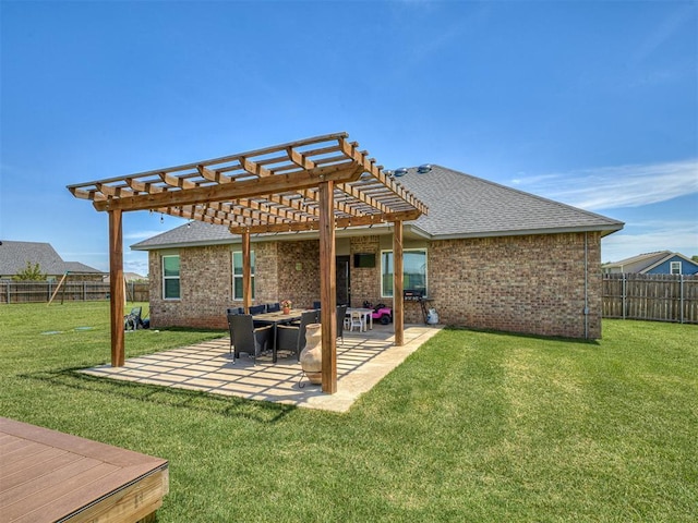 14325 Meadow Ridge Ln, Edmond, OK 73025 - back of property with a pergola, a fenced backyard, a patio area, and brick siding