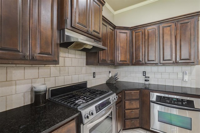 4501 NW 164th Ter, Edmond, OK 73013 - kitchen with stainless steel appliances, under cabinet range hood, ornamental molding, dark stone countertops, and dark brown cabinets