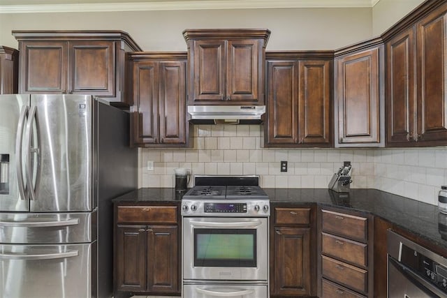 4501 NW 164th Ter, Edmond, OK 73013 - kitchen with stainless steel appliances, under cabinet range hood, ornamental molding, tasteful backsplash, and dark brown cabinetry