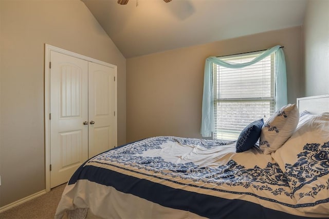 4501 NW 164th Ter, Edmond, OK 73013 - carpeted bedroom featuring a closet, lofted ceiling, and a ceiling fan