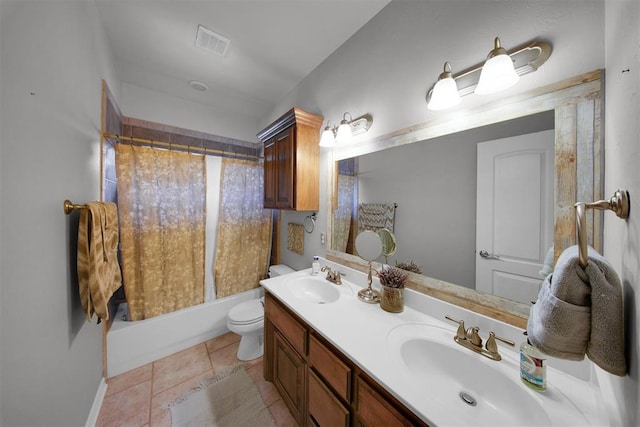 1840 Kamber Ter, Edmond, OK 73003 - full bath featuring double vanity, shower / bath combo with shower curtain, and tile patterned flooring
