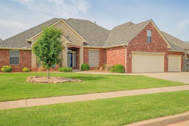 5404 NW 119th St, Oklahoma City, OK 73162 - traditional-style house with roof with shingles, a front yard, driveway, brick siding, and a garage