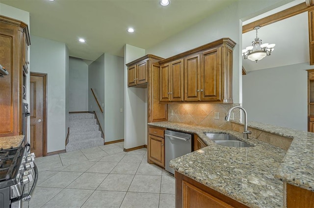 5404 NW 119th St, Oklahoma City, OK 73162 - kitchen with appliances with stainless steel finishes, brown cabinets, light stone countertops, decorative backsplash, and recessed lighting