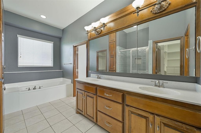 5404 NW 119th St, Oklahoma City, OK 73162 - full bathroom with a shower stall, a bath, double vanity, and tile patterned floors