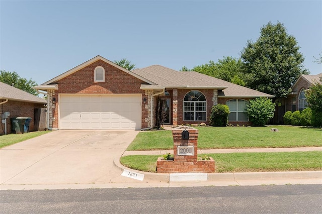 2001 Fair Meadow Dr, Edmond, OK 73003 - ranch-style home featuring driveway, an attached garage, a front lawn, and brick siding