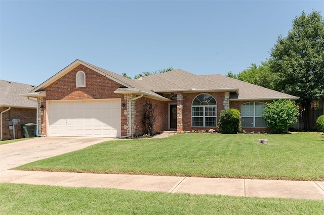 2001 Fair Meadow Dr, Edmond, OK 73003 - ranch-style home with a garage, a front lawn, concrete driveway, and brick siding