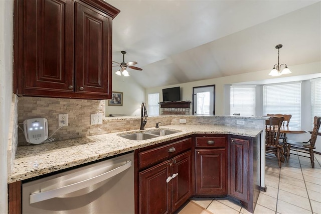 2001 Fair Meadow Dr, Edmond, OK 73003 - kitchen featuring dishwasher, light tile patterned floors, backsplash, a peninsula, and pendant lighting