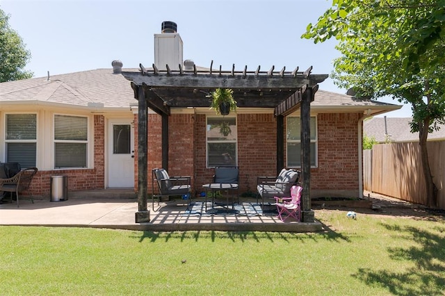 2001 Fair Meadow Dr, Edmond, OK 73003 - rear view of house featuring a pergola, brick siding, a patio area, and a chimney
