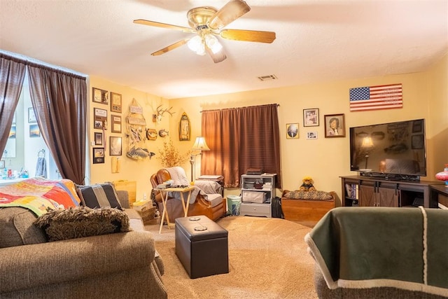 828 N Pine St, Pauls Valley, OK 73075 - carpeted living area featuring ceiling fan