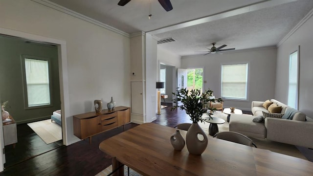 1401 W College Ave, Guthrie, OK 73044 - dining area featuring ceiling fan, wood finished floors, and ornamental molding