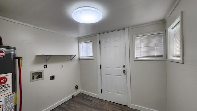 1401 W College Ave, Guthrie, OK 73044 - washroom with hookup for an electric dryer, dark wood-style flooring, washer hookup, and water heater
