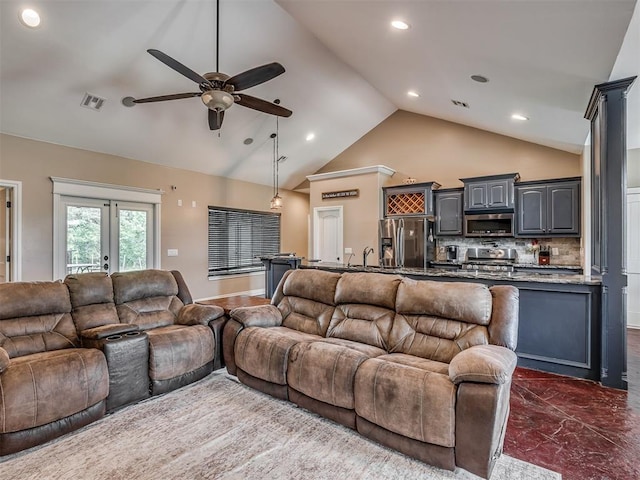 19855 Walker Rd, Mcloud, OK 74851 - living area with a ceiling fan, recessed lighting, high vaulted ceiling, and french doors