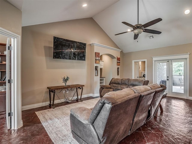 19855 Walker Rd, Mcloud, OK 74851 - living area with ceiling fan, arched walkways, recessed lighting, french doors, and high vaulted ceiling