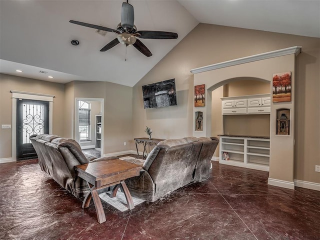 19855 Walker Rd, Mcloud, OK 74851 - living room featuring high vaulted ceiling, ceiling fan, and recessed lighting