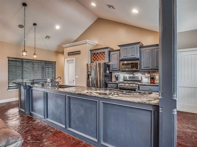 19855 Walker Rd, Mcloud, OK 74851 - kitchen featuring appliances with stainless steel finishes, gray cabinets, backsplash, dark stone counters, and decorative light fixtures