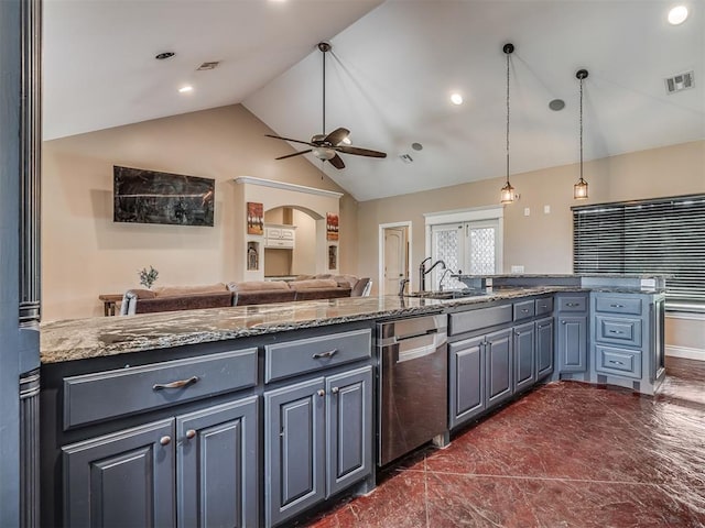 19855 Walker Rd, Mcloud, OK 74851 - kitchen with stainless steel dishwasher, vaulted ceiling, a ceiling fan, open floor plan, and arched walkways